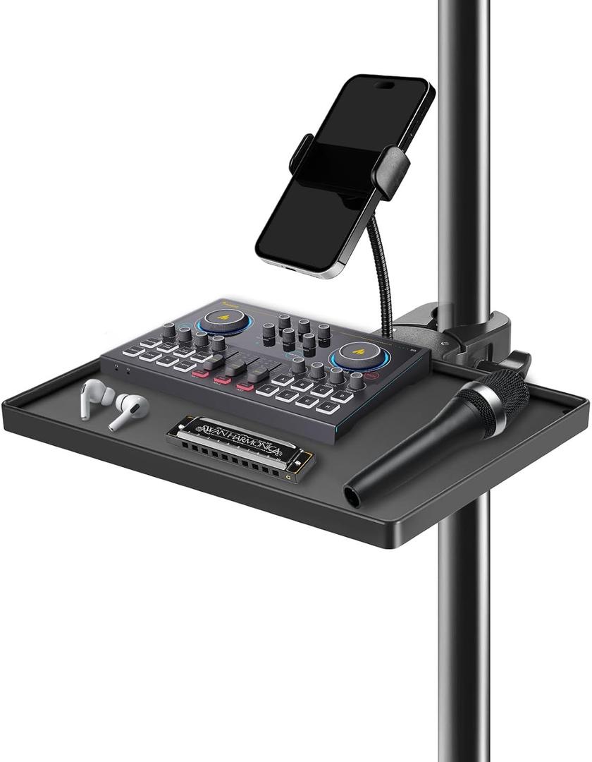 BILIONE Mic Stand Tray with Gooseneck Phone Holder, 10.6" X 7.8" Microphone Stand Tray Crab Clamp On Music Stand Floor Shelf Pole Mount, Karaoke Accessories
