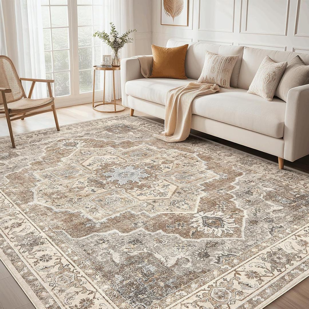 10x12 Washable Area Rug: Vintage Neutral Soft Non Slip Thin Large Floor Carpet for Living Room Bedroom Kitchen Dining Room Home Office Farmhouse Indoor - Beige Brown