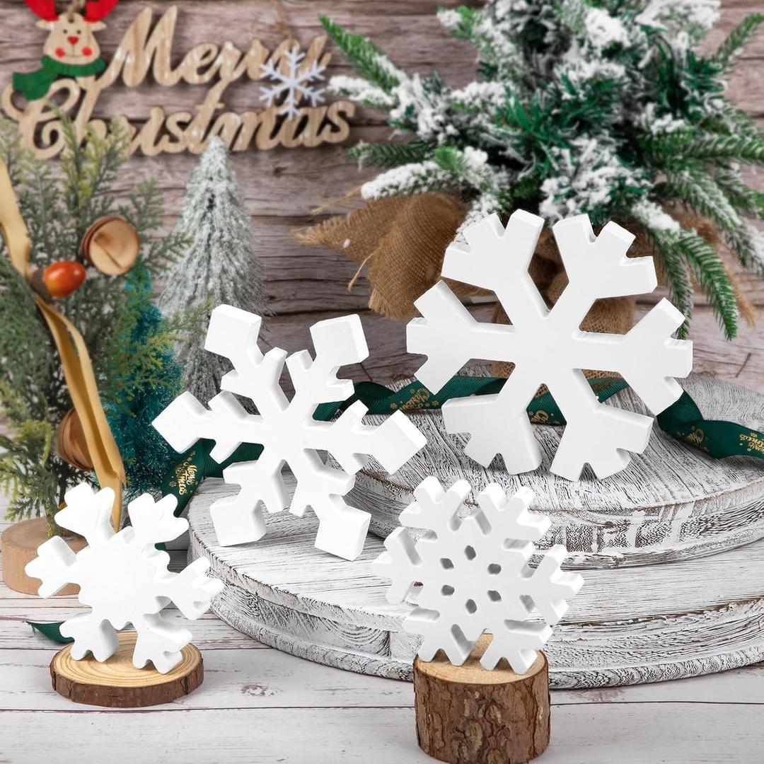4 Pcs Christmas Snowflake Decor Multiple Sizes Wooden Tiered Tray Decor Freestanding White Table Sign Tabletop for Winter Farmhouse Xmas Country Party Rustic Home Room Table Shelf New Year Decorations (Large)