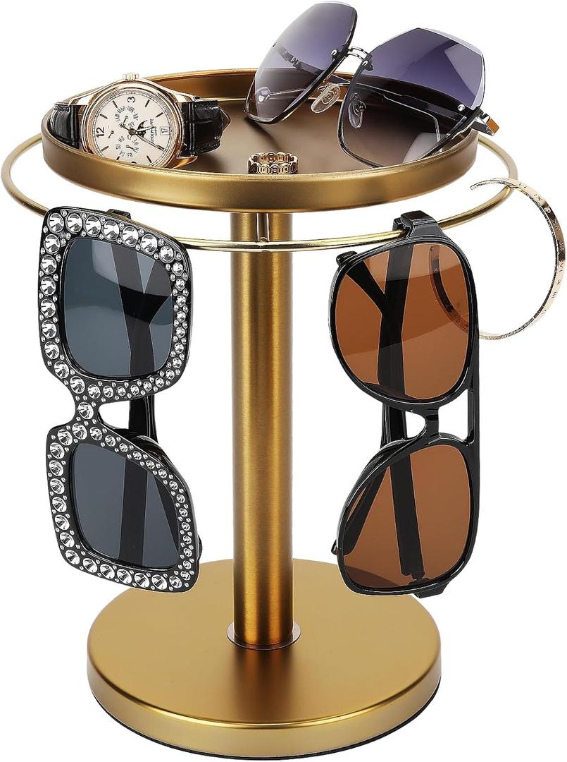 kondyfayo 360 Rotating Sunglass Organizer Storage, Stainless Steel Glasses Holder Stand, Glasses Organizer with Tray for Desk, Dresser, Tabletop, Nightstand and Home Decor (Gold)