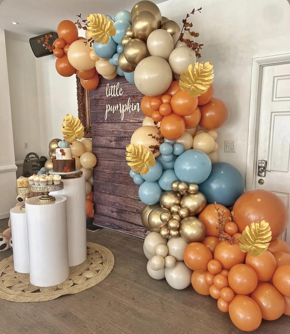 PageebO Fall Balloon Arch Kit, Burnt Orange Dusty Blue Beige Sand White Balloons with Artificial Gold Leaves for Fall Decorations for Home Autumn Harvest Thanksgiving Fall Baby Shower Wedding Decor