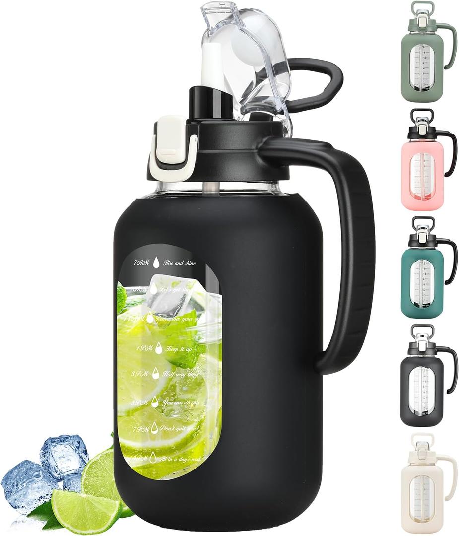 64 oz Glass Water Bottle with Handle and Straw Large 2L Water Bottle with Time Markers and Silicone Sleeve Half Gallon Water Jug BPA Free for Gym Daily Use (Black)