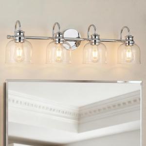 URSOLA 4 Lights 32" Bathroom Vanity Light Fixtures, Chrome Traditional Classic Vanity Light with Clear Glass, Bathroom Lighting Fixtures Over Mirror