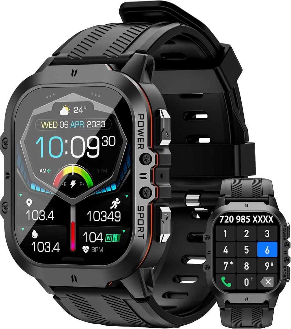 Smart Watches for Men, 1.96" HD AMOLED, Rugged Military (Answer/Calls/Dial) Fitness Tracker, Extra-Long Battery Life, AI Assistant/Sleep Monitor, 100+ Sport Modes, Black & Orange