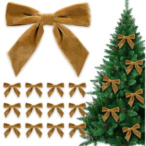 12 Pcs Christmas Velvet Bows 6 x 6 Inch Xmas Velvet Ribbon Bows Vintage Christmas Twist Tie Bows for Christmas Home Garland Wreath Gift Wrapping Decorations (Khaki, Width of 1.57")