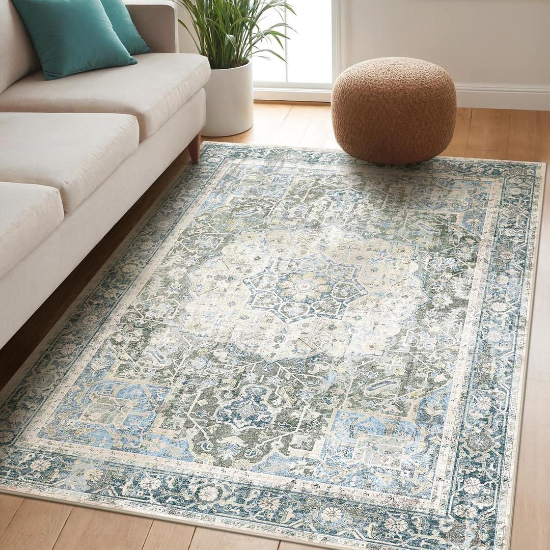 Kokia 5x7 Area Rugs for Living Room, Machine Washable Non Slip Vintage Boho Rugs, Low Pile Distressed Medallion Print Rug for Bedroom, Dining Room Blue 5 x 7 (5'x7', Sage/Arctic/Ocean/Old Lace)