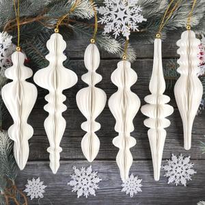 6Pcs White Finial Christmas Ornaments for Tree, 3D Paper Honeycomb Hanging Decorations Vintage Christmas Honeycomb Ornaments Lanterns for Xmas Tree Winter Wedding New Year Holiday Party Home Decor