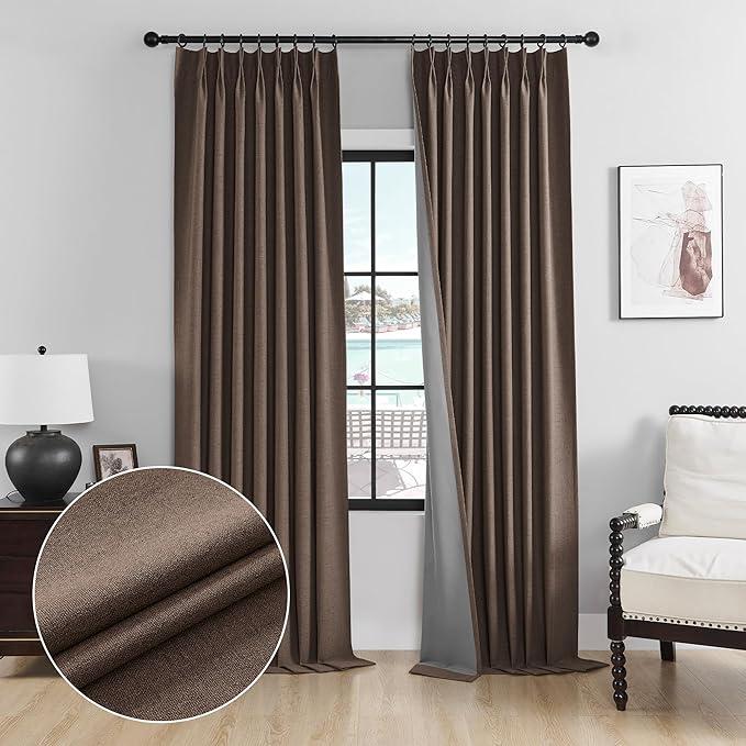Cniuyhi Chocolate Brown Linen Texture 96 Inches Long Double Pinch Pleated Curtains, Back Tab Full Blackout Curtains with Hooks for Living Room Bedroom Patio Door W40 x L96, 1 Panel