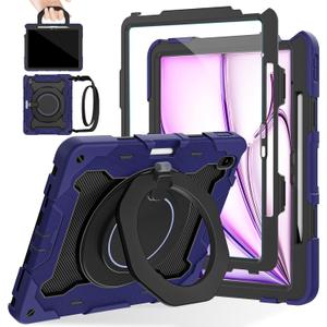 ROISKIN for iPad Air 13 inch Case (M3 2025/M2 2024) -with HD Screen Protector, 360 Rotating Kickstand/Handle, Shoulder Strap, Pen Holder, Heavy Duty Military Grade - Kids Friendly (Navy Blue)