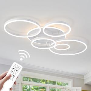 O'NEELDY Modern LED Ceiling Light White Flush Mount Ceiling Lights Fixtures Dimmable 47" Dining Room Light Fixture with Remote 6 Rings Kitchen Lighting Fixtures Ceiling Lamp for Bedroom,Living Room