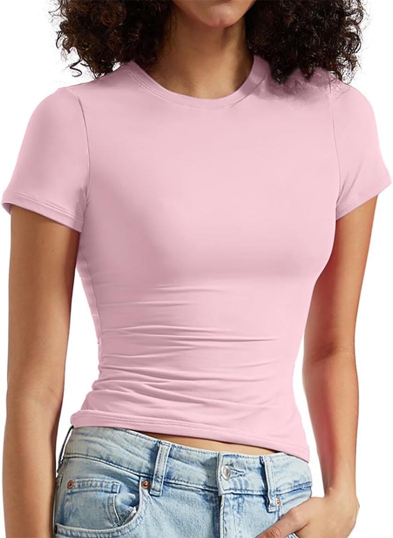 OMKAGI Double Lined Slim Fit T Shirts for Women Short Sleeve Crew Neck Crop Top (XL)