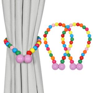 KLOGTSIND Magnetic Curtain Tiebacks, Curtain Tie Backs for Curtains 2 Pack, Wood Bead Curtain Tiebacks, Curtain Holders for Boho Bedroom Decor, Baby Nursery Decor, Farmhouse Dcor (Multicolor)