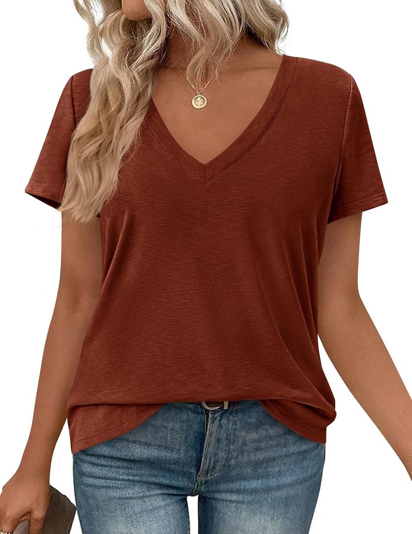 PRETTYGARDEN Womens Tops Short Sleeve Oversized Tshirts Shirts 2026 Summer Casual V Neck Loose Basic Tees Spring Tunic Blouse, L