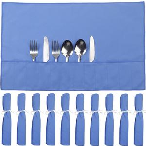 10 Pcs Silverware Organizer,Silver Storage Cloth Felt Flatware Organizer, Silver Protector Bags, Place Setting Roll with Stylish White Ribbon for All Kitchen Cutlery Utensil (Blue)