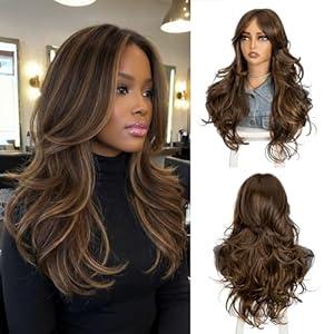 Aientt Highlight Brown Mix Honey Blonde Layered Wig with Curtain Bangs, Long Layered Blonde Synthetic Wavy Middle Part Butterfly Wigs for Black White Women Party Cosplay Costume 24Inch 8H27