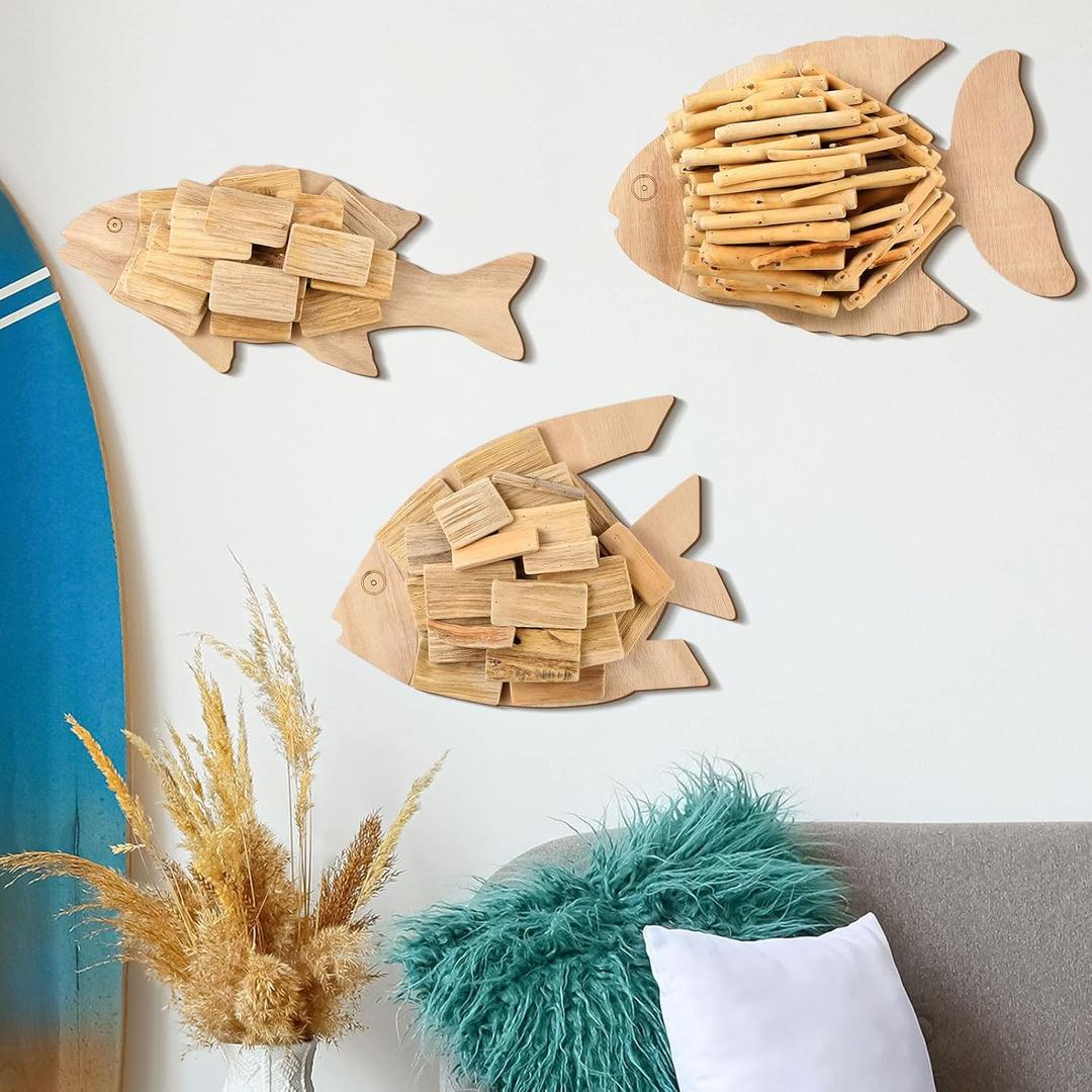Wesiti 3 Pcs Beach Coastal Wall Decoration Driftwood Fish Nautical Wall Art Hand Crafted Coastal Beach Driftwood Handmade Wooden Decor for Home Living Room Bedroom Office Bathroom
