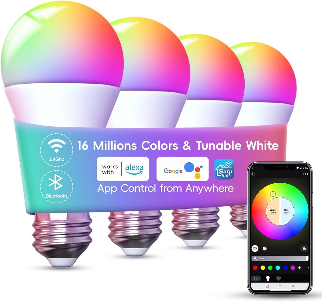 Philips Hue Smart LED Light Bulb - Color Changing Bulbs, App Control, 2.4Ghz Bluetooth, Music Sync, Compatible with Alexa and Google Assistant, E26 Base, 4 Pack