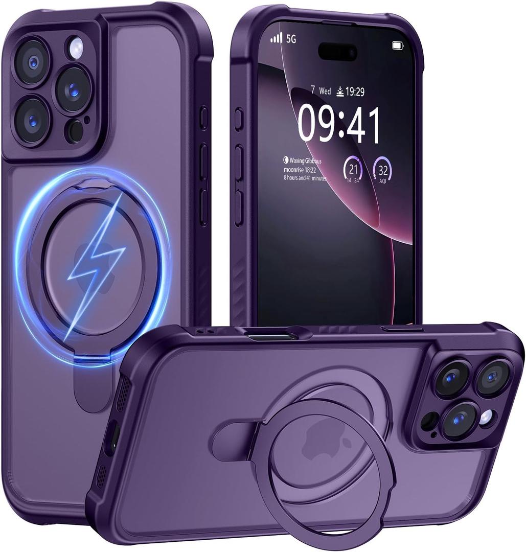 MOCCA Design for iPhone 16 Pro Max Case with Magnetic Invisible Stand [Full Camera Protection] [Compatible with Magsafe] Military Drop Shockproof Translucent Matte Phone Case Cover 6.9",Deep Purple