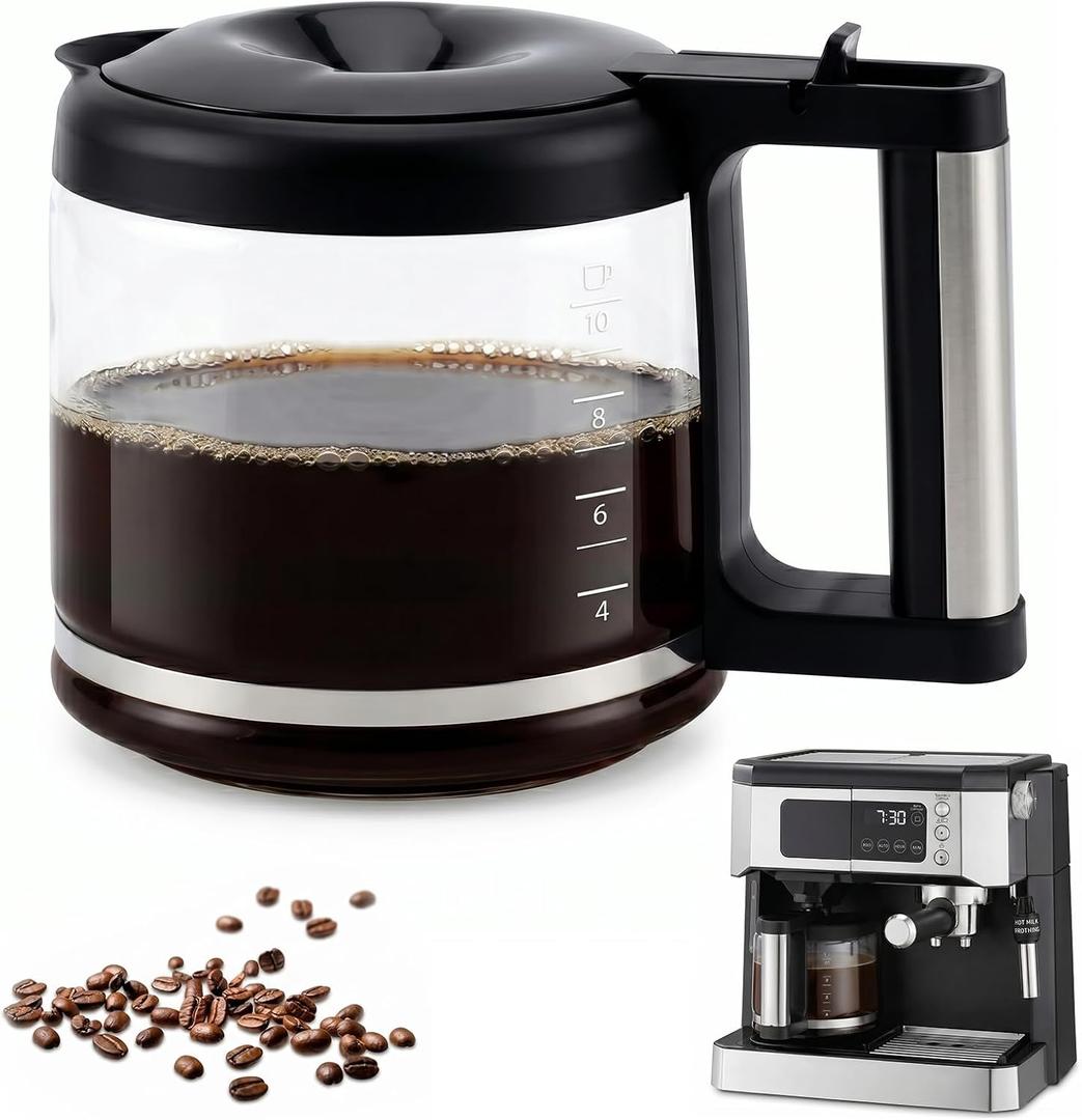 10-Cup Glass Carafe Replacement for De'Longhi Coffee Maker & Espresso | Compatible with COM532M, COM530M, BCO430, BCO330T, KF863 & BCO Series, Premium Coffee Pot with Stainless Steel Handle