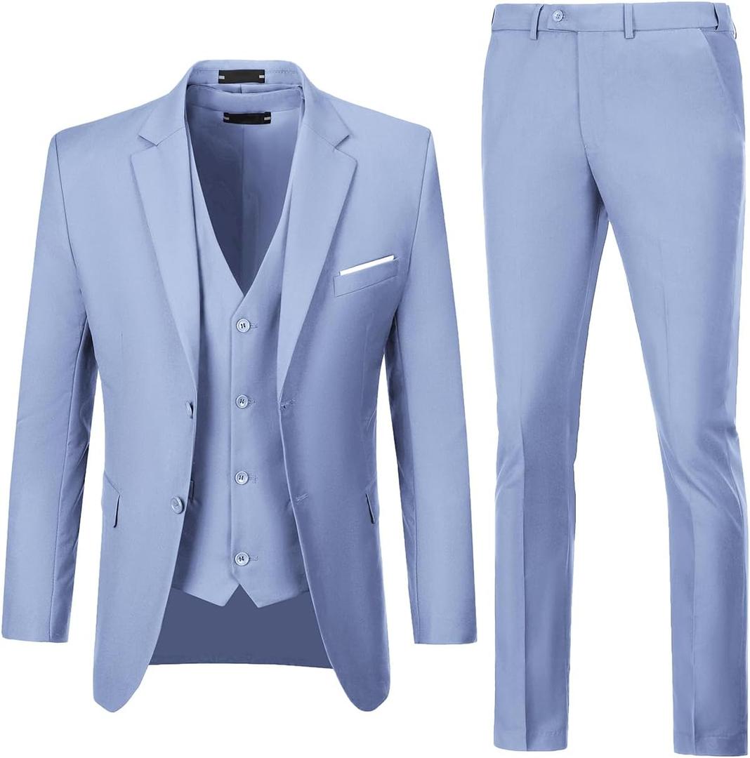 Men Suits 3 Pieces Set Slim Fit Wedding Suit Groomsmen Prom Suit Tuxedo Business Formal Casual Groom Suit Jacket Blazer Pants (Medium, Lavender)
