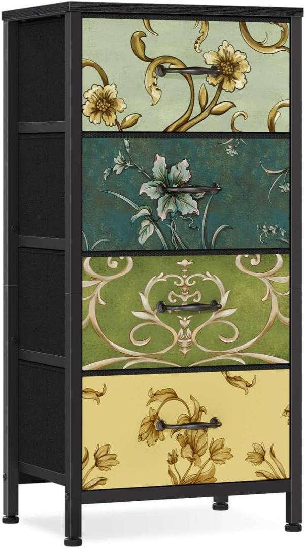 Furnulem 4 Drawer Dresser, Vertical Nightstand for Kids, Adult, Fabric Chest of Drawers for Bedroom, Living Room, Closet, Nusery, Storage Tower Unit Retro Style Furniture, Wood Desk Top (11.8"D x 15.8"W x 31.5"H (4 Drawers))