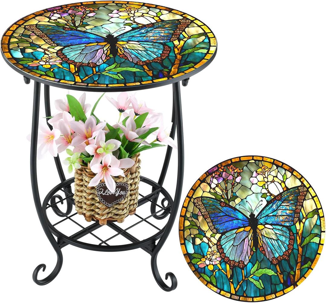 Cinnvoice Outdoor Side Table Round Small Mosaic Patio Accent Indoor End Plant Coffee Tea Table for Yard Patio Porch Garden Living Room, Bedroom(Butterfly Style,14 Inch)