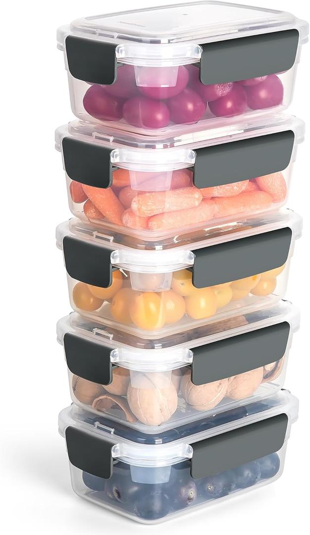 YORY 3 cup Plastic Food Storage Containers with Lids Nestable Freezer Dishwasher Safe Rectangle Container Set, 5-Pack (3 cups)