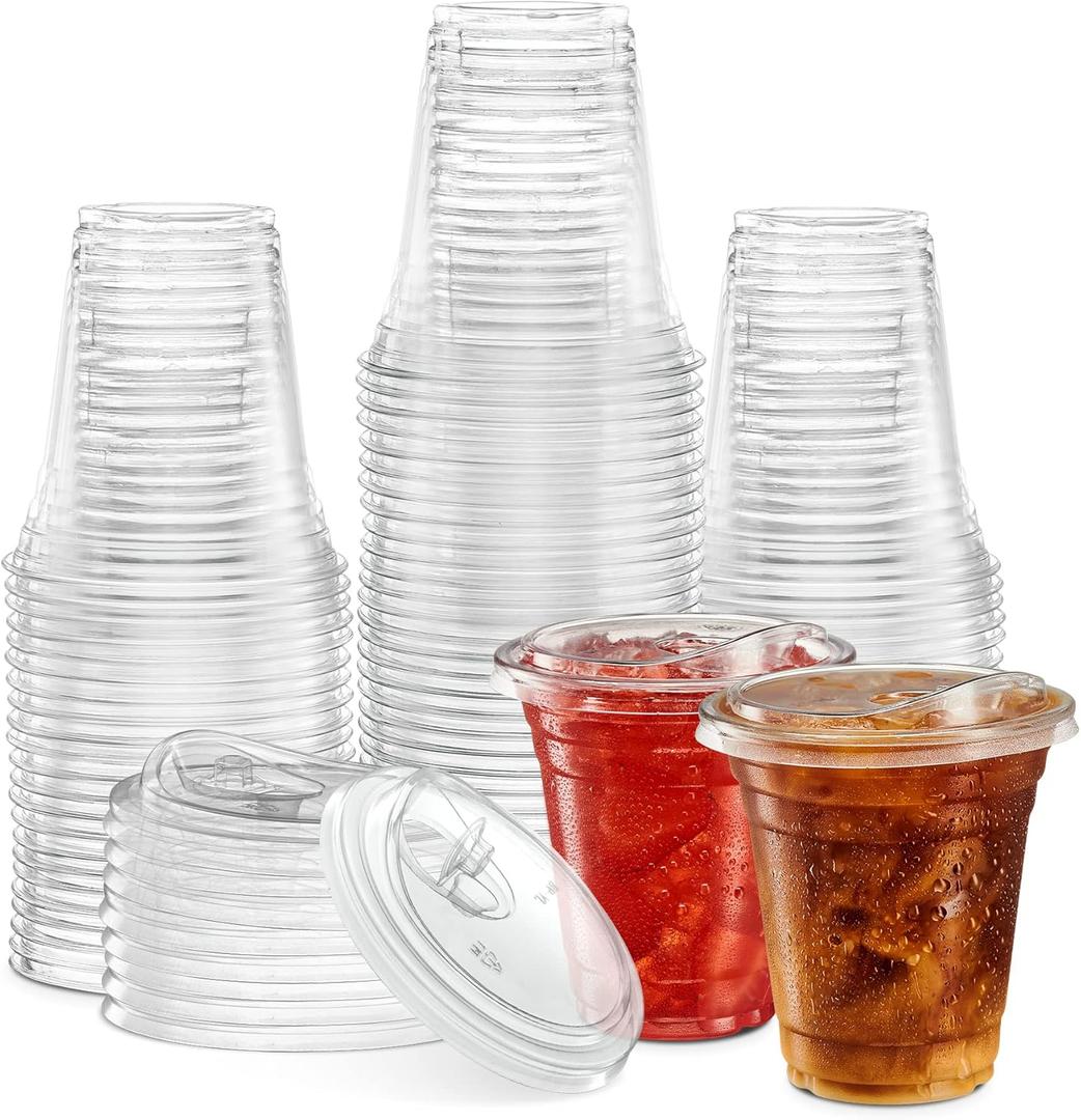 12 oz. Clear Cups with Strawless Sip-Lids, PET Crystal Clear Disposable 12 oz Plastic Cups with Lids [50 Sets]