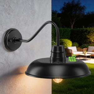 Solar Barn Lights Outdoor, 12 Inch Dusk to Dawn Gooseneck Barn Light, Black Exterior Light Fixture Modern Outdoor Wall Lights Waterproof Industrial Farmhouse Wall Lamp for Porch, Barn, Garage, Shed