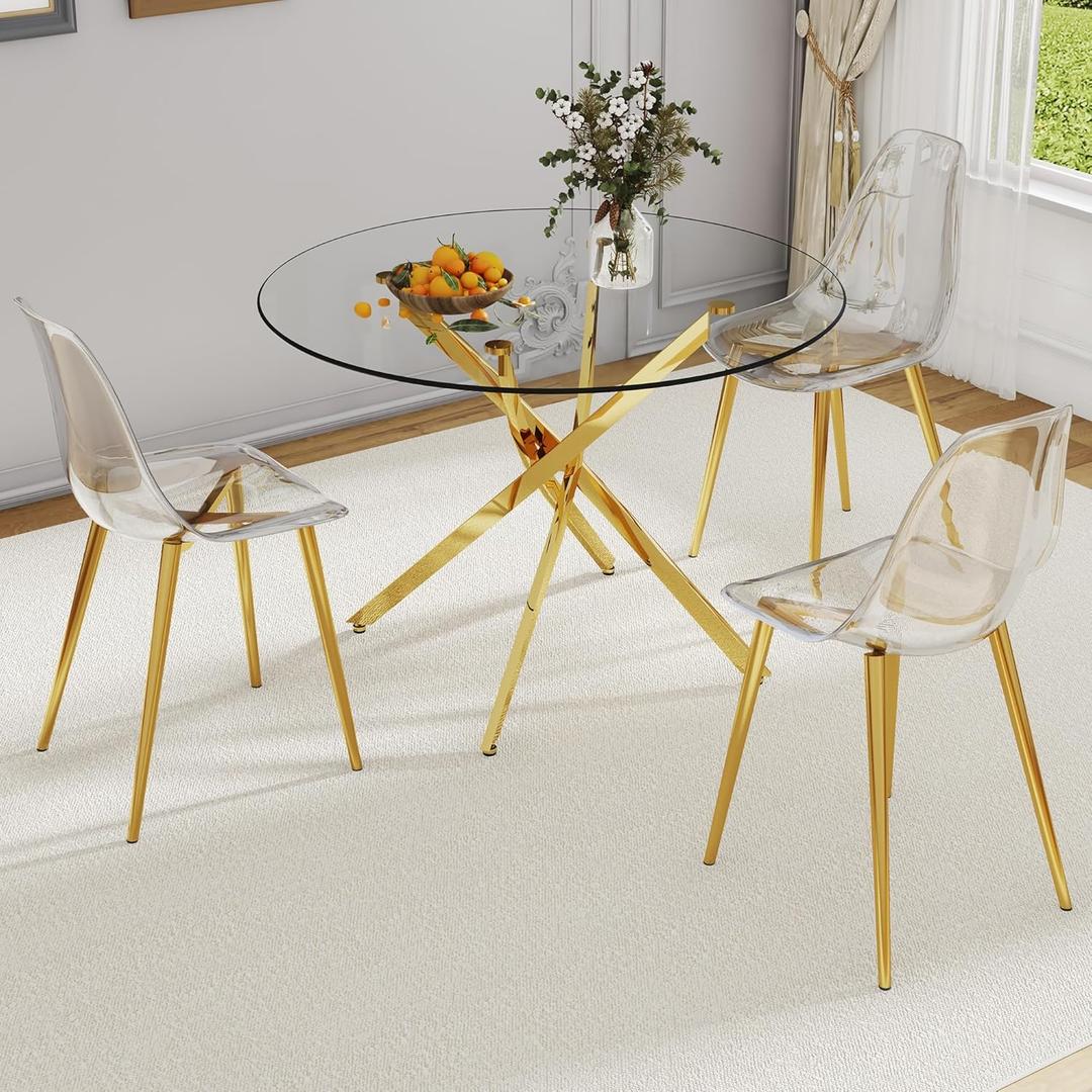 NicBex Modern 42" Dining Room Table Stylish Round Glass Dining Table with Trestle Metal Legs and Glass Tabletop for Kitchen and Living Room, Gold
