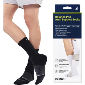MONFOOT Men's/Women's Arch Pad Socks 2 Pairs, Black, Large - Best Arch Support for Plantar Fasciitis, Sprain, Neuropathy