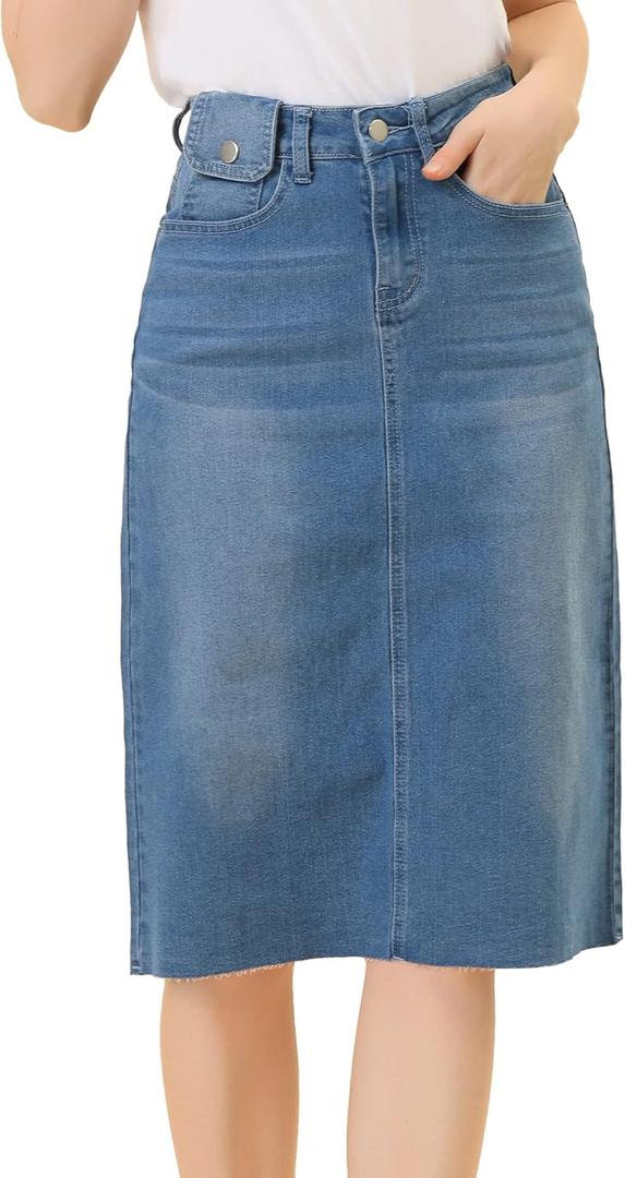 Allegra K Women's Casual Jean Skirt Back Slit Raw Hem Stretch High Waist Denim Skirts (Medium)