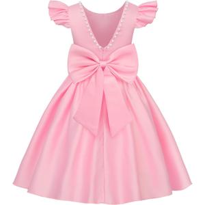 Uhnice Flower Girl Satin Dress with Pearls Flutter Sleeves V Back Gown with Removable Bow for Wedding Birthday Party (4-5T, Pink)