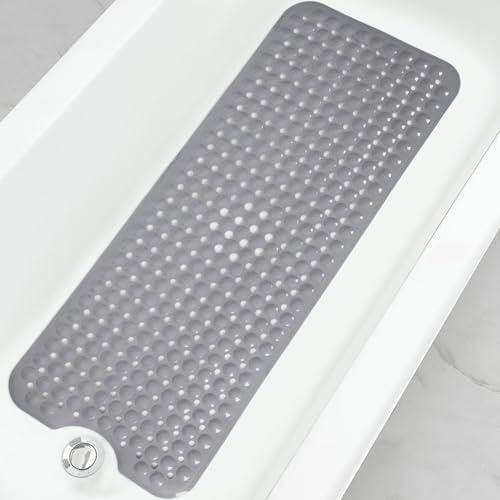 Linoows Bathtub and Shower Mats, 40x16 Inch Extra Large Non Slip Soft Bath Tub Mat with Suction Cups and Drain Holes for Bathroom Floor and Keep Tubs Clean, Machine Washable, Gray