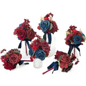 Ling's moment Burgundy & Navy Wedding Flowers Mini Bridesmaid Bouquets Maroon Rose Set of 6 Pre-Made Small Floral Dark Red Wedding Centerpieces - Burgundy & Navy