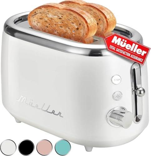 MÜELLERHOME Retro Toaster 2 Slice, 7 Browning Levels, 3 Functions (Reheat, Defrost, Cancel), Removable Crumb Tray, Under Base Cord Storage, White Toaster Kitchen Appliances