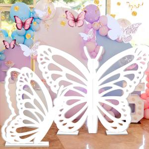 Yousoontic 2 Pcs Large Wooden Butterfly Props - Standing Wings Cutout Backdrop Decoration for Birthday, Baby Shower, Wedding Party (White,2.95 ft and 1.97 ft)