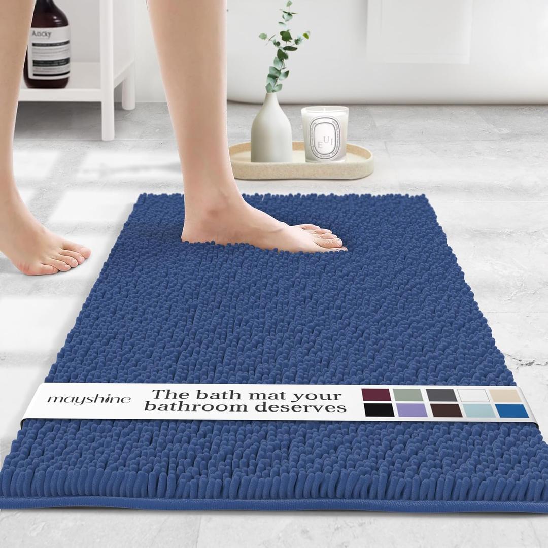 MAYSHINE Standard Plush Shaggy Chenille Bath Mat 32"x20" Extra Soft, Super Absorbent, Non-Slip Bathroom Rug | Fluffy Microfiber, Area Rug Sets for Bathroom Floor, Kitchen, Living Room | Dark Blue