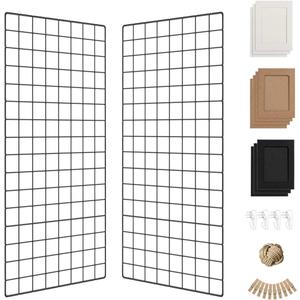 Wall Photo Grid Shelf, Wall Hanging Ins Art Display Grid Panel for Decor & Storage, Metal Wire Notice Boards & Memo Board, Mesh Tool Organiser, Wall Photo Frame 2 Pcs (Black, 15.7 x 31.5 inches)