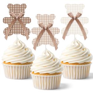 2 x AceOrbit 36 Pcs Gingham Bear Cupcake Toppers with Bows Bears Baby Shower Decorations Cake Cupcake Topper Decoration for Bear Theme Girls Birthday Baby Shower Gender Reveal Party Supplies