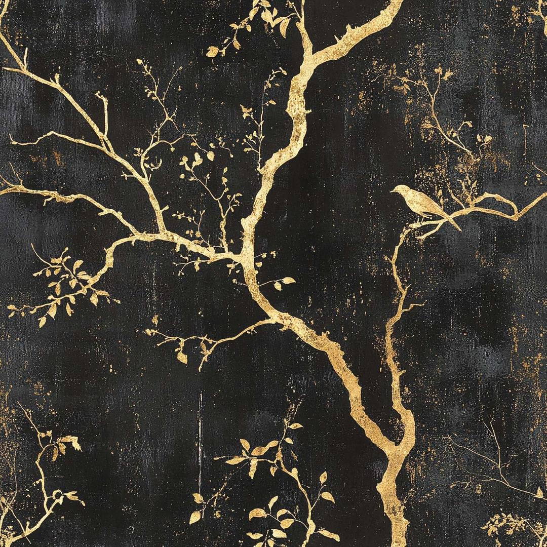 LaiTique Black and Gold Wallpaper – Tree Peel and Stick Wallpaper, Self-Adhesive Vinyl with Elegant Branch and Bird Design for Luxe or Art Deco Decor, 17.7in x 118in
