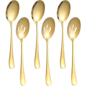 6 Pieces Serving Spoons Set, 8.7 Inch Serving Spoon, Includes 3 Server Spoon and 3 Slotted Spoons, Stainless Steel Buffet Banquet Large Utensils Cutlery Set for Kitchen, Gold