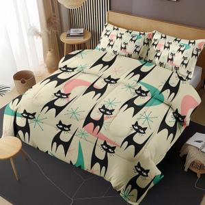 Mid Century Colorful Cat King Comforter Set, Atomic 50S Retro Bedding Set 3 Piece, All Season Soft Toddlers Children Adults Bedroom Bed Decoration Comforter and 2 Pillow Shams