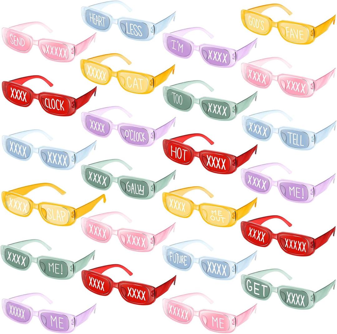 24 Pack Retro Rectangle Sunglasses Bulk with Writing Retro Rectangle Sunglasses Bulk 90s Vintage Glasses Y2k Party Trendy Square Glasses for Swimming Party Decoration Women Men Beach Use