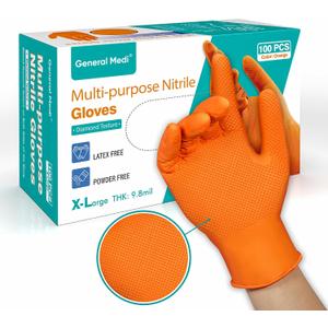 General Medi Nitrile Industrial Gloves with Raised Diamond Texture, 100 Count Thick (XL) (Orange)