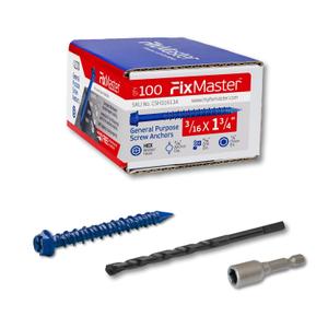 3/16 x 1-3/4" Hex Head Blue Concrete Screw Anchors (100 pcs Screw Kit) with one Screwdriver and Drill Bit for Concrete, Masonry, Block, Brick and Wood Fastening 3/16 x 1-3/4" Hex Head Blue Concrete Screw Anchors (100 pcs Screw Kit) with one Screwdriver and Drill Bit for Concrete, Masonry, Block, Brick and Wood Fastening