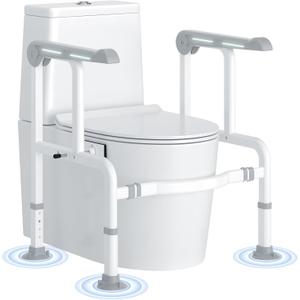 Toilet Safety Rails for Elderly & Disabled with Glow-in-the-Dark Handles, 450 lbs Heavy-Duty Frame, Flip-Up Arms, Dual Lock (Suction & Clamp), Adjustable No-Wobble Support, Grey