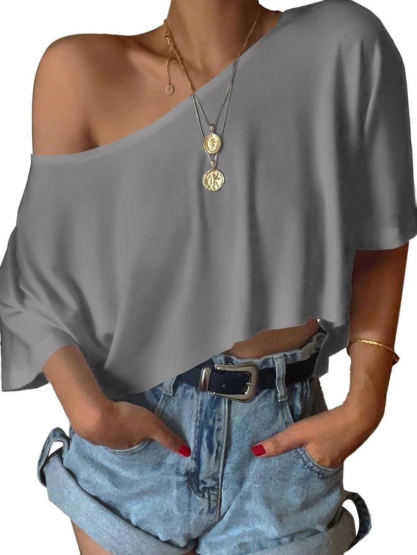 SOFIA'S CHOICE Women's Off Shoulder Crop Tops Loose Boat Neck Short Sleeve T Shirt Grey- (XXXL)