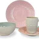 Artesa Color Full Mix Match 4 Dinnerware Set -4 Piece Handmade Ecuadorian Ceramic, Pink & Mint with Embossed Pattern, Plates, Bowls & Cups, Lead-Free, Microwave Safe, 11.4-Inch Plates
