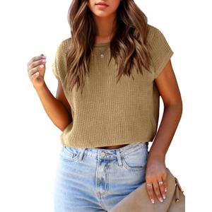 Saodimallsu Womens Cap Sleeve Crop Tops Summer Trendy Going Out Crew Neck Loose Knit Cropped Sweater Vest Tank Top (L)